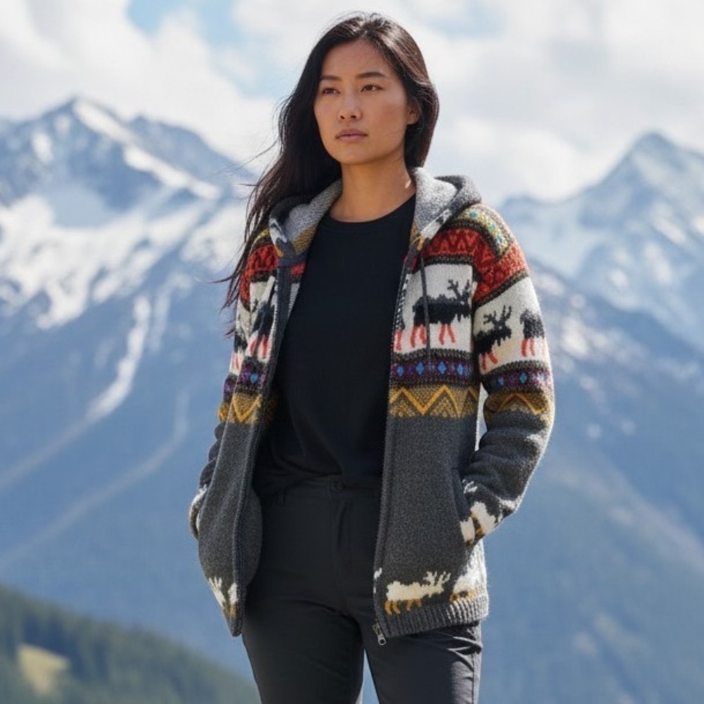 Yari Artesanias Wool Zip Sm Hoodie Unisex Moose Print Otavalo Ecuador Fair Isle⁠